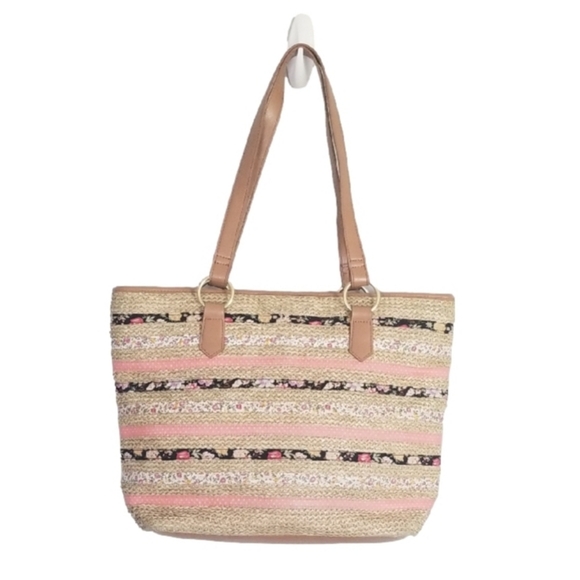 St. Johns Bay Carryall Tote Straw w/Tan Polyvinyl Handles & Fabric Stripes - Picture 1 of 9